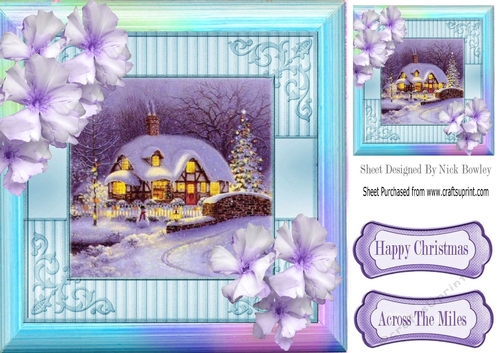 As pretty as a pic snow scene with shades of lilac/blue 8x8