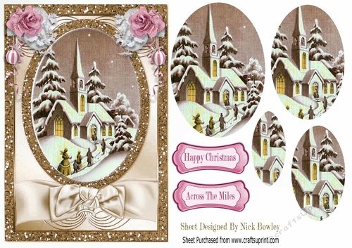 pretty church scene in gold with pink roses oval pyramids A5