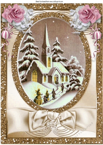 pretty church scene in gold with pink roses A4