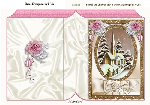 pretty church scene in gold with pink roses folded book