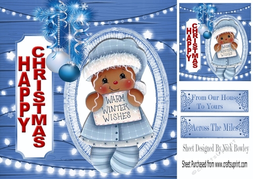 Cute little gingerbread girl with blue baubles 8x8