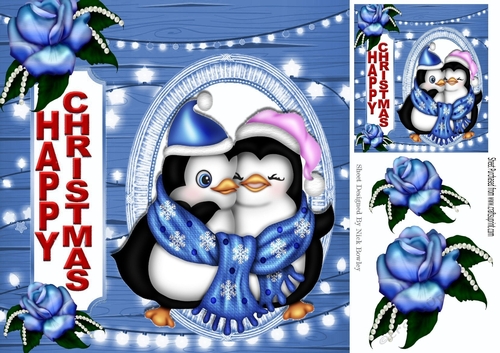 Cuddle penguins with blue roses & pearls illuminated frame 8x8