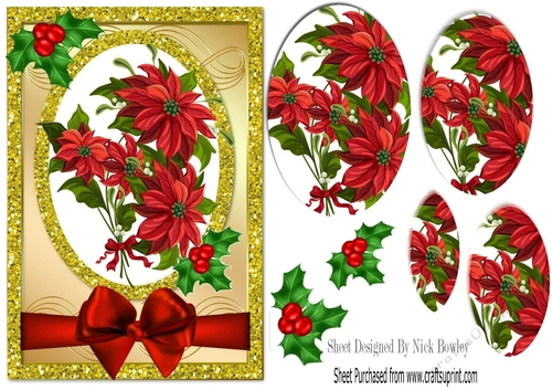 Pretty poinsettias with gold glitter frame & bow oval pyramids A5
