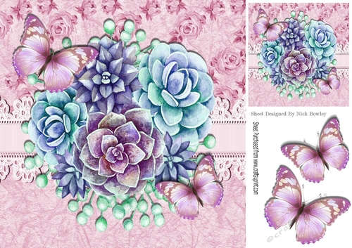 Pretty Painted Flowers with pink butterflies & lace 8x8