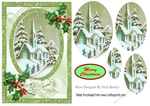 pretty church scene in green with holly oval pyramids A5