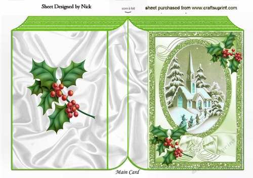 pretty church scene in green with holly oval pyramids folded book