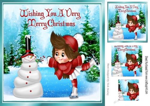 Lovely Snowman with little girl ice skating 8x8