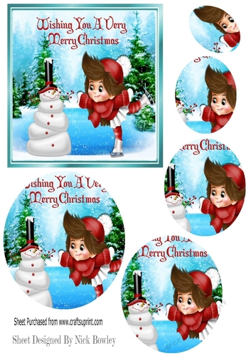 Lovely Snowman with little girl ice skating round pyramids