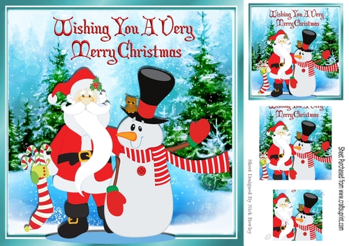 Santa Hugging Mr Snowman in the snow 8x8
