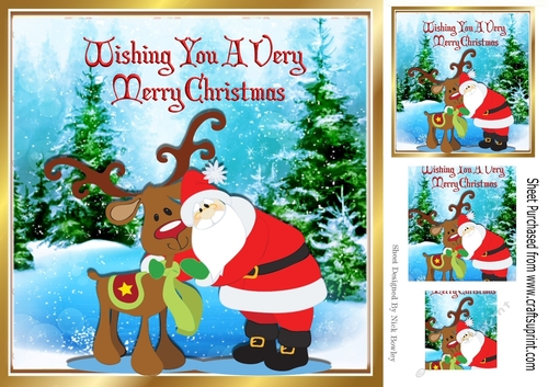 Santa Hugging Rudey the Reindeer in the snow 8x8
