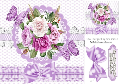 Pretty lilac/pinks painted flowers on lace with butterflies 8x8