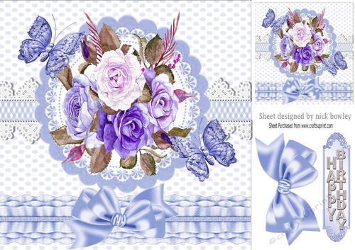 Pretty blue/lilac painted flowers on lace with butterflies 8x8