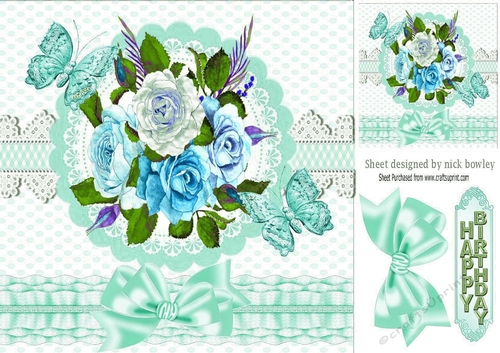 Pretty turq/blue painted flowers on lace with butterflies 8x8