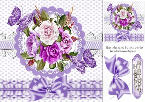 Pretty pinks painted flowers on lace with purple butterflies 8x8