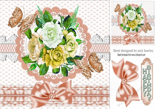 Pretty peach/lemon painted flowers on lace with butterflies 8x8