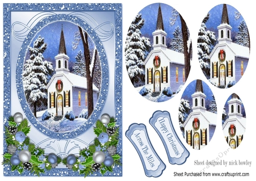 Pretty church with trees in the snow oval pyramids A5