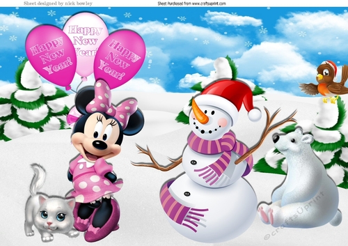 Lovely minnie mouse & friends with happy new year balloons A4