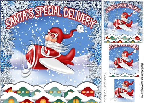 Santa flying over the roof tops in style in the snow 8x8