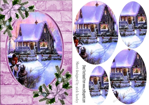 Pretty christmas scene with lilac festive flowers oval pyramids