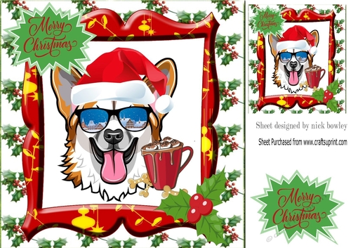 Sketch of corgi dog in santa hat in festive frame 8x8