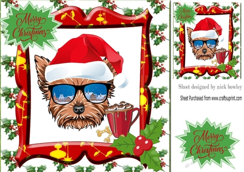 Sketch of yorkie dog in santa hat in festive frame 8x8