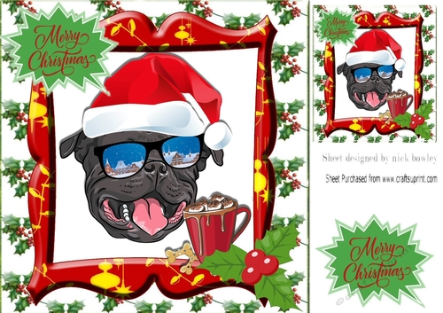 Sketch of staffi dog in santa hat in festive frame 8x8