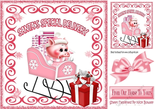 Cute little pink piggy with presents in a sleigh 8x8