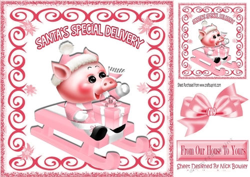 Cute little pink piggy with present on a sledge 8x8