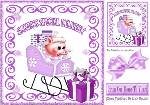 Cute little pink piggy with lilac present on a sleigh 8x8