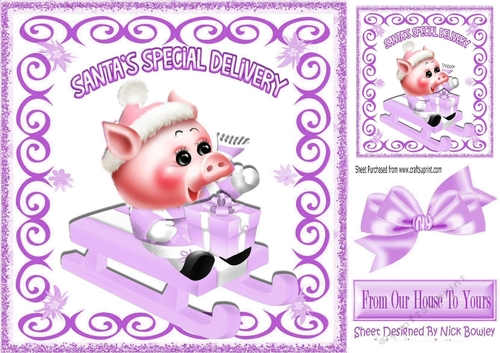 Cute little pink piggy with lilac present and lilac bow on a sledge 8x8