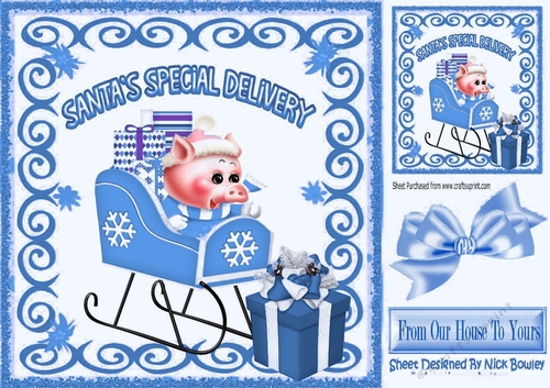 Cute little pink piggy with blue present on a sleigh 8x8