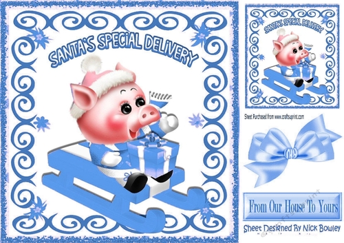 Cute little pink piggy with blue present and blue bow on a sledge 8x8