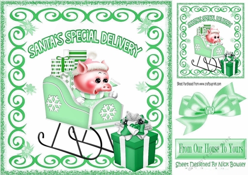 Cute little pink piggy with green present on a sleigh 8x8