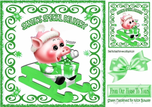 Cute little pink piggy with green present and green bow on a sledge 8x8