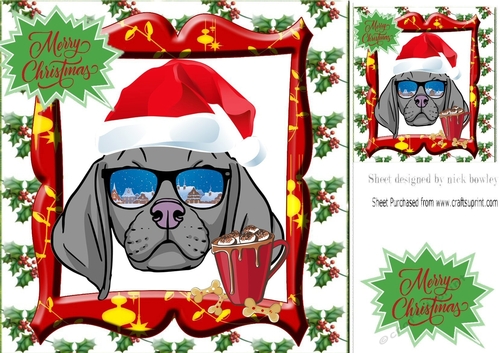 Sketch of a Weimaraner dog in santa hat in festive frame 8x8