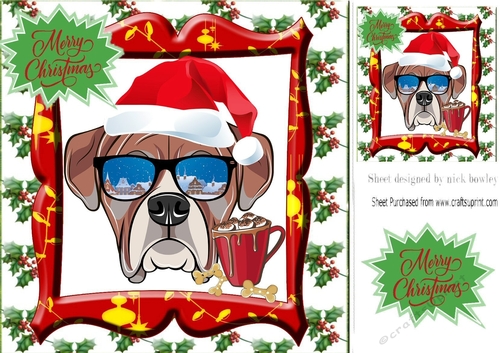 Sketch of a Boxer dog in santa hat in festive frame 8x8