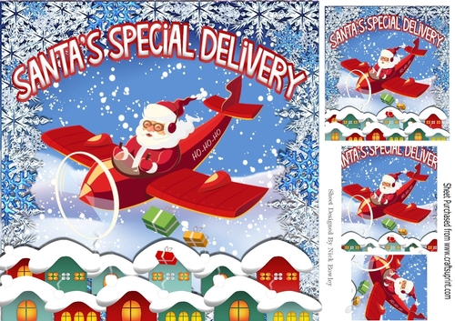 Santa flying over the roof tops Ho! Ho! Ho! in style in the snow 8x8