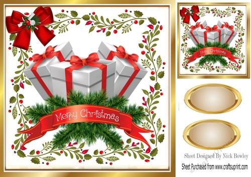 Lovely Christmas presents with red bow in festive frame 8x8