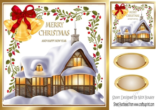 Lovely cottage in the snow in festive frame 8x8
