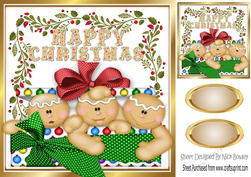 Jolly Gingerbread men with bow in festive frame 8x8