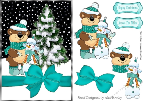Bear and snowman best of friends with Turq Bow A5