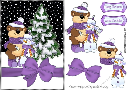 Bear and snowman best of friends with purple bow A5
