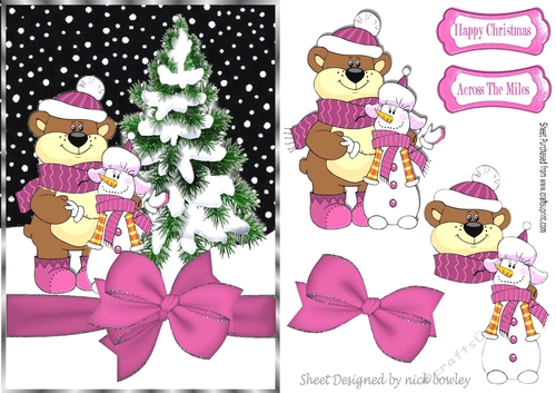 Bear and snowman best of friends with pink bow A5