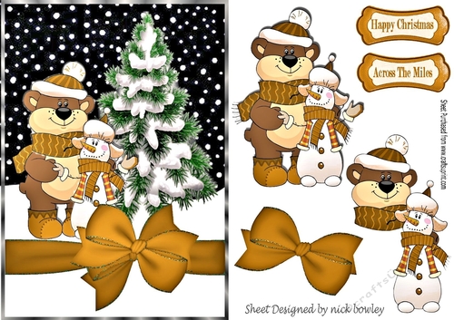 Bear and snowman best of friends with gold bow A5