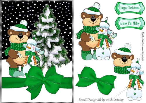 Bear and snowman best of friends with green bow A5