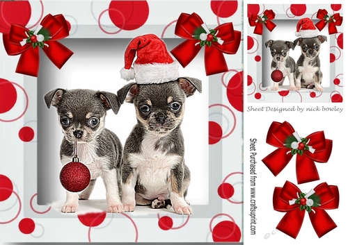 Cute puppies in santa hat and red bauble in picture frrame 8x8