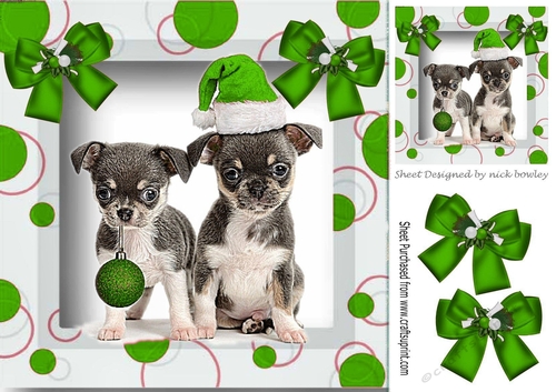 Cute puppies in santa hat and green bauble in picture frrame 8x8