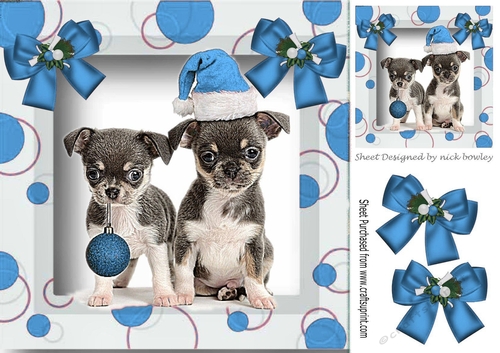Cute puppies in santa hat and blue bauble in picture frrame 8x8