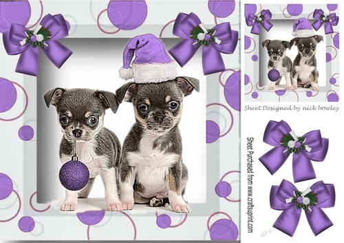 Cute puppies in santa hat and purple bauble in picture frrame 8x8