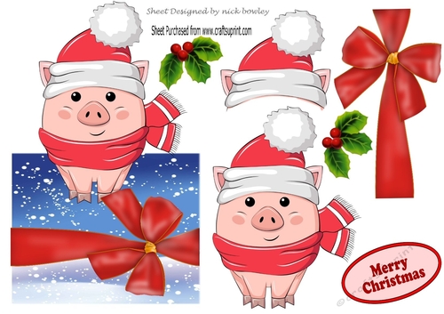 Baby pig in santa hat with red bow over the edge